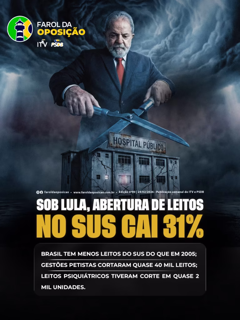Queda de leitos no SUS: Arte mostra Lula com uma tesoura gigante sobre um hospital público rachado, alertando para a redução de 31% nas vagas.