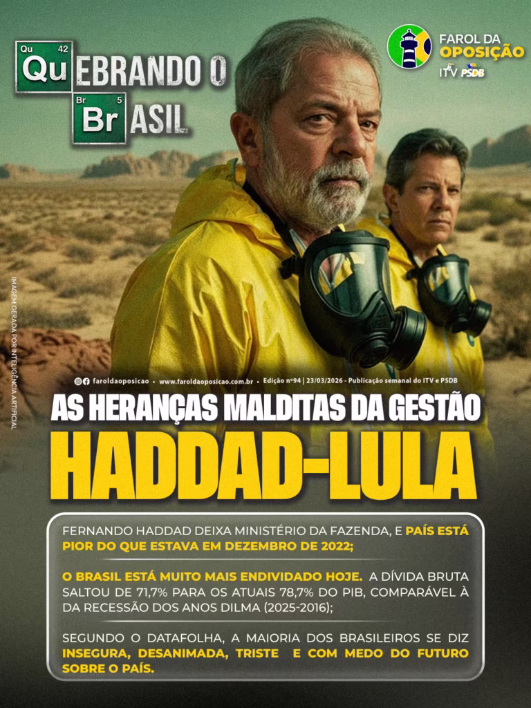 Gestão Haddad-Lula: Arte parodiando a série Breaking Bad mostra Lula e Haddad no deserto com trajes amarelos de proteção química, ilustrando as heranças malditas e o trocadilho "Quebrando o Brasil".