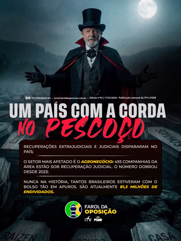Recorde de endividamento: Arte mostra Lula vestido de vampiro em um cemitério com caixões de empresas, ilustrando o país "com a corda no pescoço".