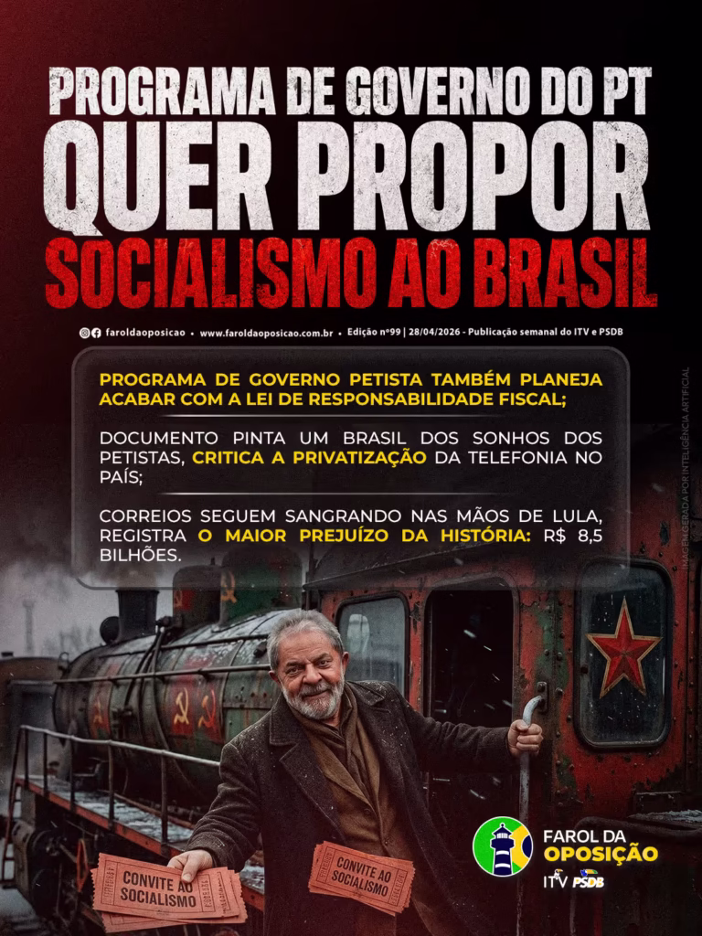 Manifesto do PT: Arte mostra o presidente Lula a piscar o olho e a fazer sinal de silêncio enquanto se esconde atrás da pasta do documento do partido.