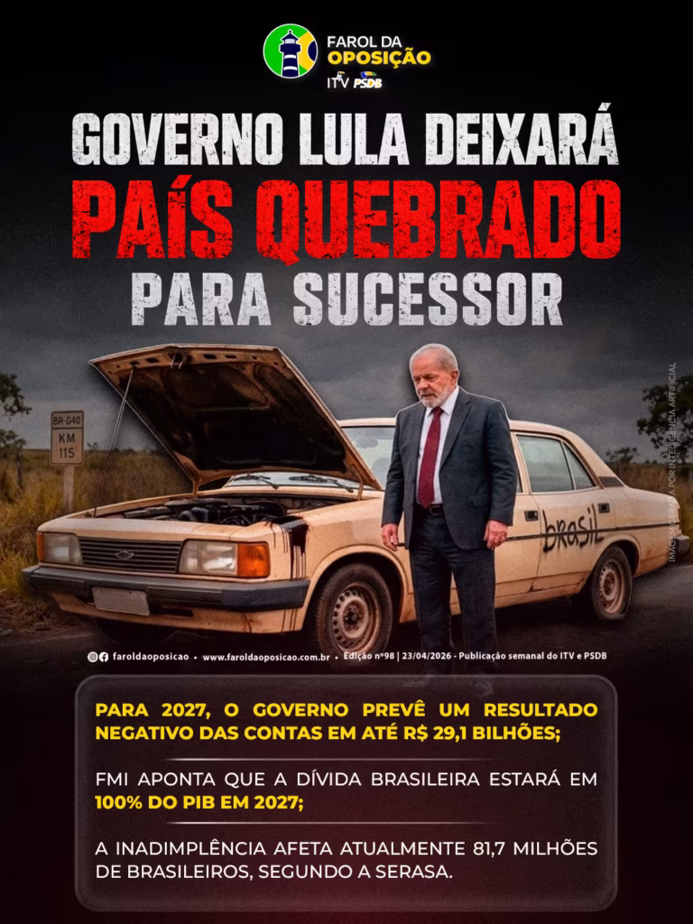 País quebrado: Arte mostra um mealheiro em forma de porco com a inscrição "Brasil" rachado e vazio, com teias de aranha no interior, enquanto o presidente Lula observa.