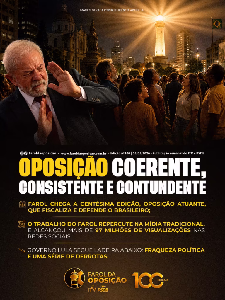 Derrotas no Congresso: Arte da 100ª edição mostra o presidente Lula a virar o rosto para se proteger da luz de um farol brilhante, enquanto uma multidão observa a iluminação.