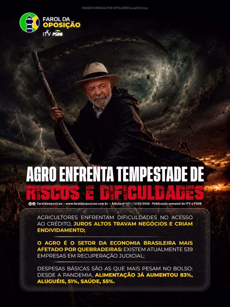 Riscos no agronegócio: Arte mostra o presidente Lula a conduzir uma carroça puxada por um boi numa plantação, a olhar para trás com binóculos sob nuvens de tempestade.