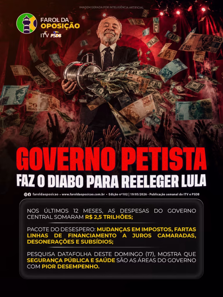 Reeleger Lula: Arte mostra o presidente ao lado de um canhão antigo a disparar uma chuva de notas de dinheiro para o ar, ilustrando o aumento dos gastos públicos.