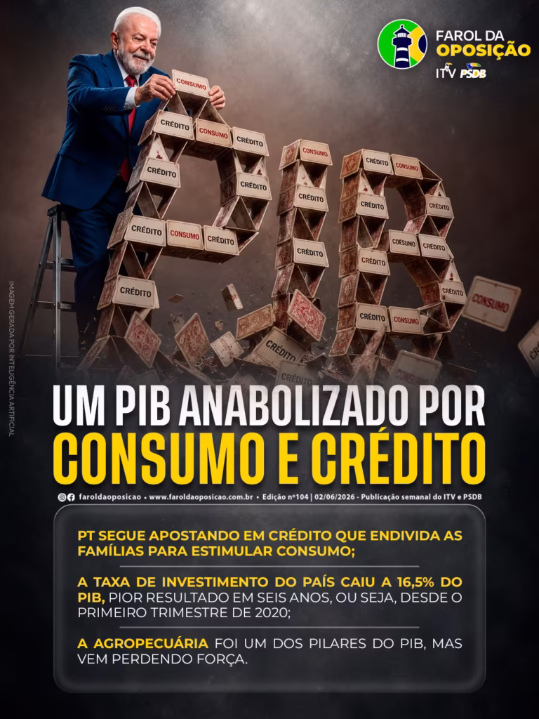 PIB anabolizado: Arte mostra o presidente Lula em cima de um escadote a construir um frágil castelo de cartas com a palavra PIB, utilizando cartas marcadas com "Consumo" e "Crédito".