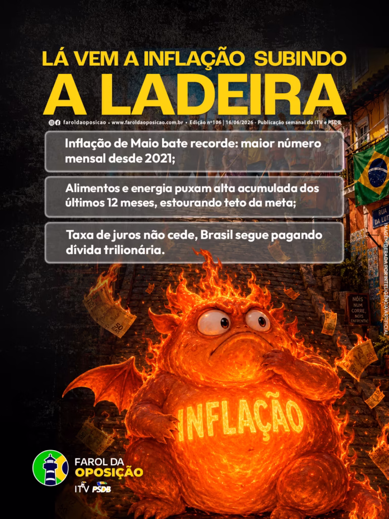 Escalada da inflação: Arte mostra um grande monstro de fogo com a palavra "Inflação" na barriga, posicionado numa ladeira de pedra enquanto notas de dinheiro ardem e voam ao seu redor.
