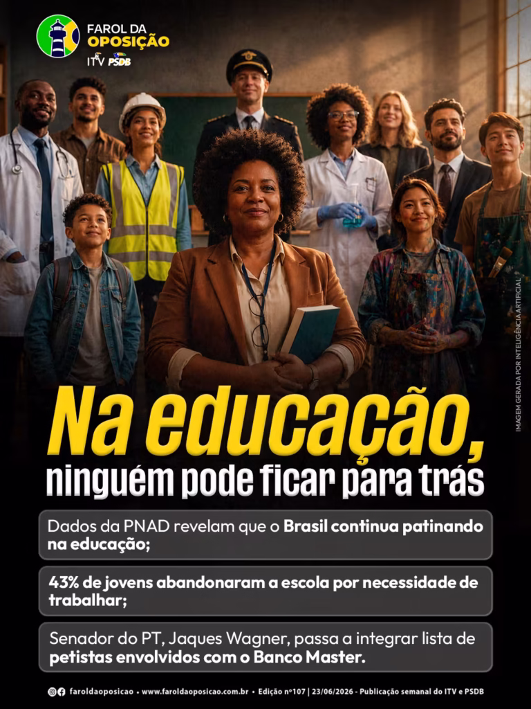 Crise na educação: Arte mostra uma professora com um livro no centro de um grupo diversificado de profissionais e um jovem estudante, destacando a importância do ensino.
