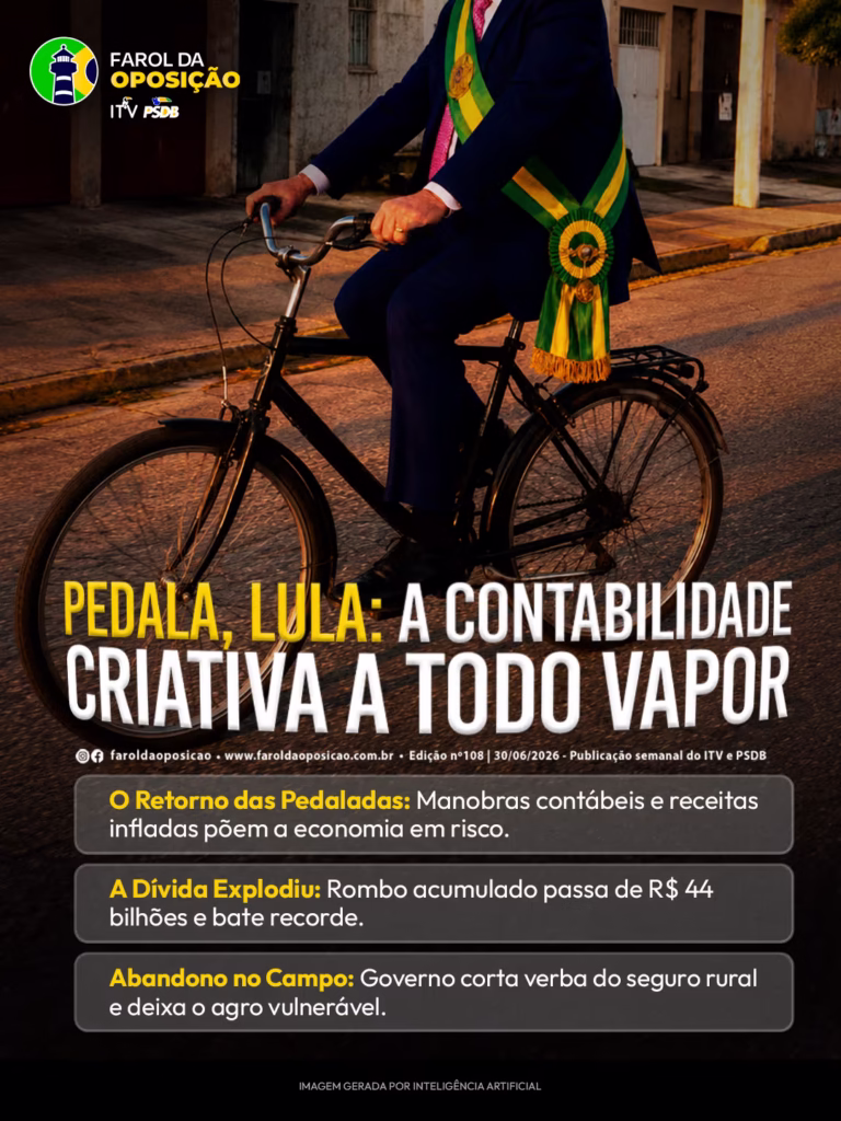 Pedaladas fiscais: Arte foca no corpo de um homem vestido de fato e com a faixa presidencial a pedalar uma bicicleta numa estrada, ilustrando o regresso da contabilidade criativa.