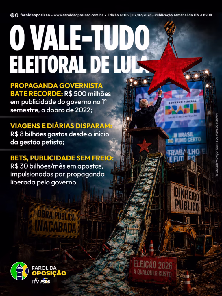 Vale-tudo eleitoral: Arte mostra o presidente num palanque enquanto uma passadeira rolante despeja dinheiro público num estaleiro de obras inacabadas.