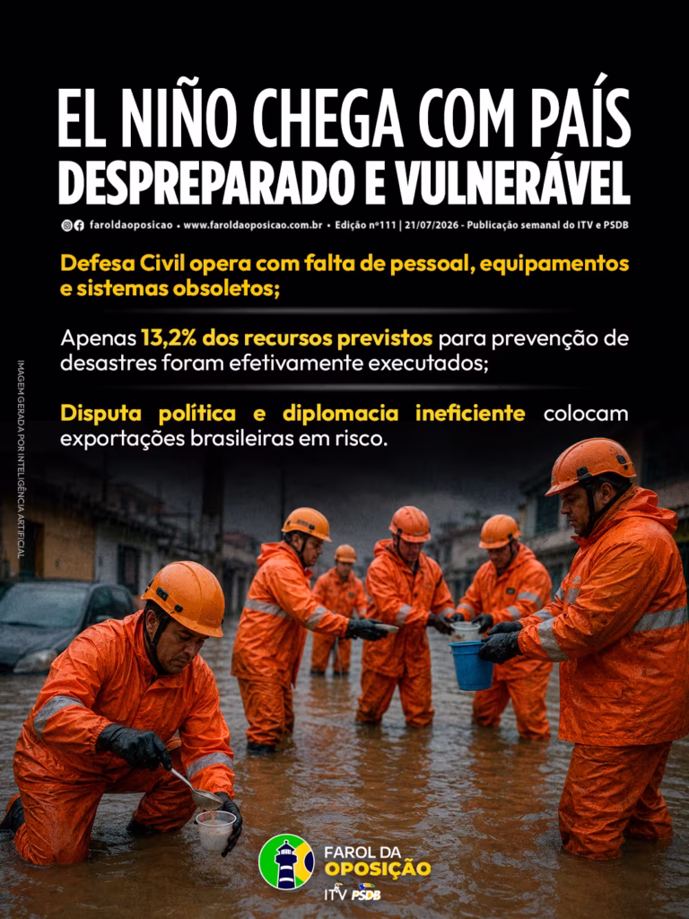 Desastres climáticos: Arte mostra socorristas com fatos laranja a tentar retirar água de uma rua inundada utilizando apenas pequenas taças e uma colher, ilustrando a falta de meios.