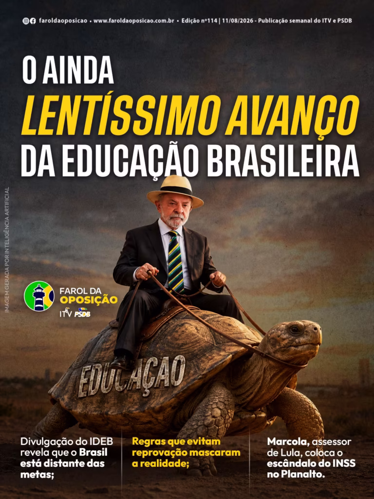 Ilustração gerada por IA mostrando o presidente Lula montado em uma tartaruga com a palavra 'Educação' no casco, sob o título 'O ainda lentíssimo avanço da educação brasileira'.