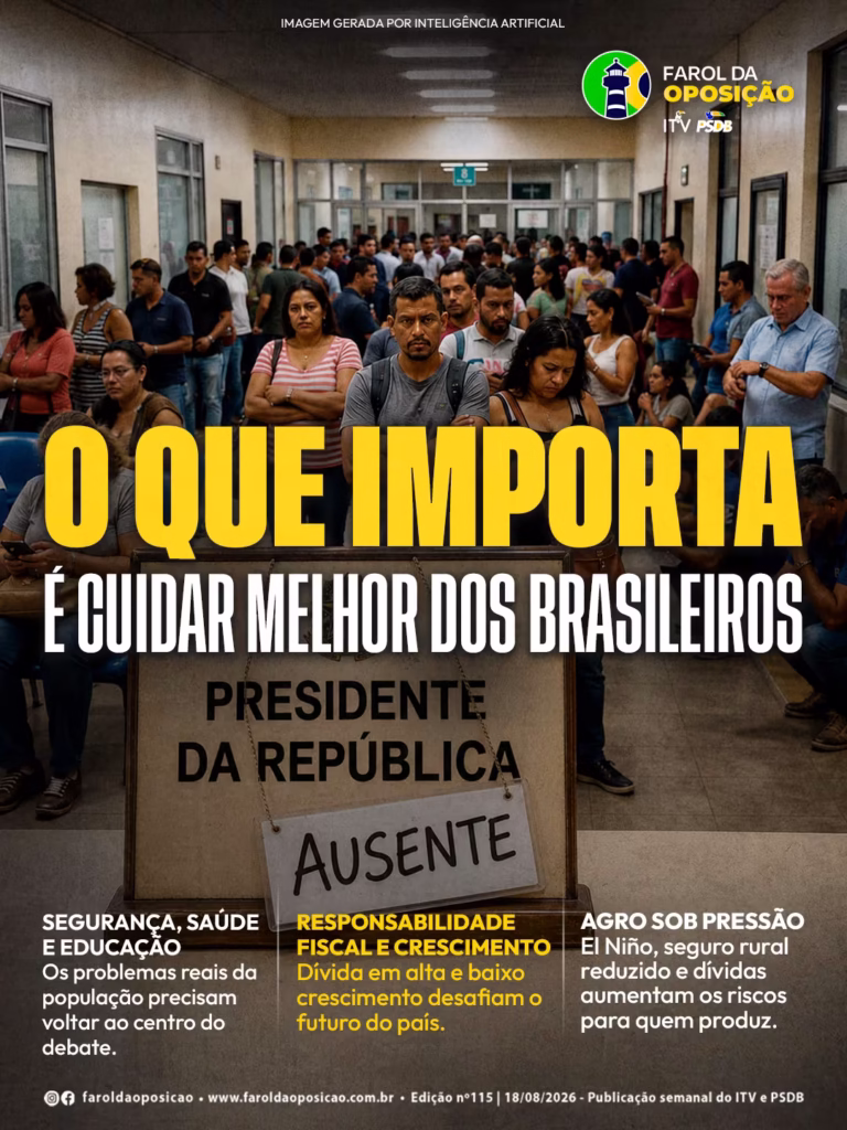Cartaz político do Farol da Oposição nº 115 mostrando uma sala de espera de hospital lotada de pessoas e uma placa no centro com o texto 'Presidente da República AUSENTE'. Em destaque em amarelo e branco, a frase 'O que importa é cuidar melhor dos brasileiros', com tópicos sobre segurança, saúde, educação, responsabilidade fiscal e agronegócio.