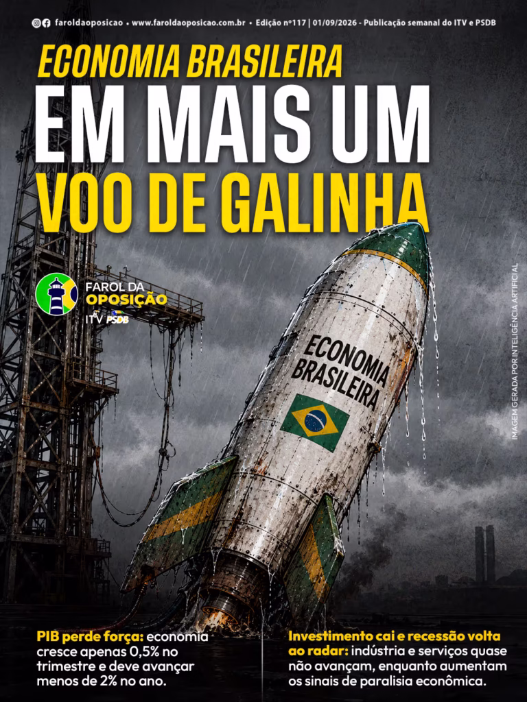 Cartaz da edição nº 117 do Farol da Oposição sob chuva intensa, com um foguete metálico estampado com a bandeira do Brasil e o texto 'ECONOMIA BRASILEIRA' caindo em direção ao solo ao lado de uma estrutura industrial. No topo, a manchete 'ECONOMIA BRASILEIRA EM MAIS UM VOO DE GALINHA' em amarelo e branco, com chamadas sobre a desaceleração do PIB e o risco de recessão na parte inferior.