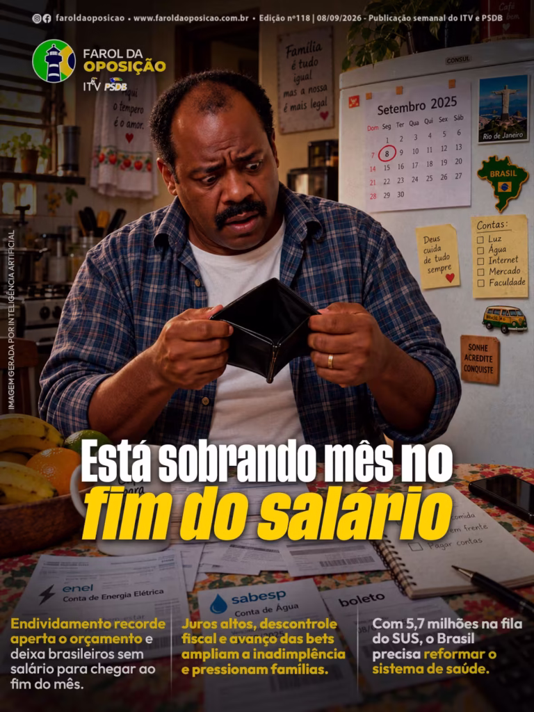 Cartaz do Farol da Oposição nº 118 mostrando um homem preocupado olhando para uma carteira vazia na cozinha de casa, cercado por contas de luz (Enel) e água (Sabesp). No topo, o título 'Está sobrando mês no fim do salário' em destaque amarelo e branco, acompanhado por destaques sobre endividamento recorde, juros altos, apostas (bets) e filas no SUS.