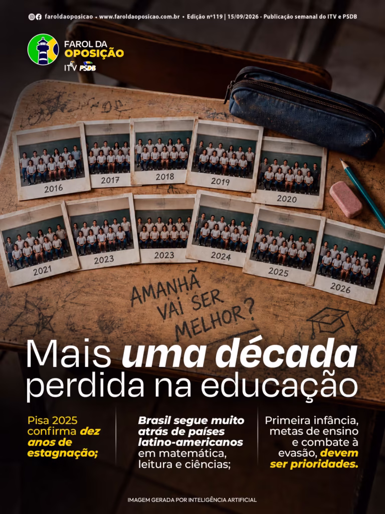 Cartaz do Farol da Oposição nº 119 mostrando uma carteira escolar de madeira antiga com fotos polaroid de turmas de alunos organizadas por anos (2016 a 2026). Na mesa, há a frase gravada 'AMANHÃ VAI SER MELHOR?' e o título principal 'Mais uma década perdida na educação', acompanhado por tópicos sobre os resultados do Pisa 2025, o atraso em relação a outros países e diretrizes para a primeira infância.
